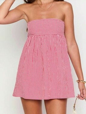 shein red gingham strapless dress adjustable tie back small brand new